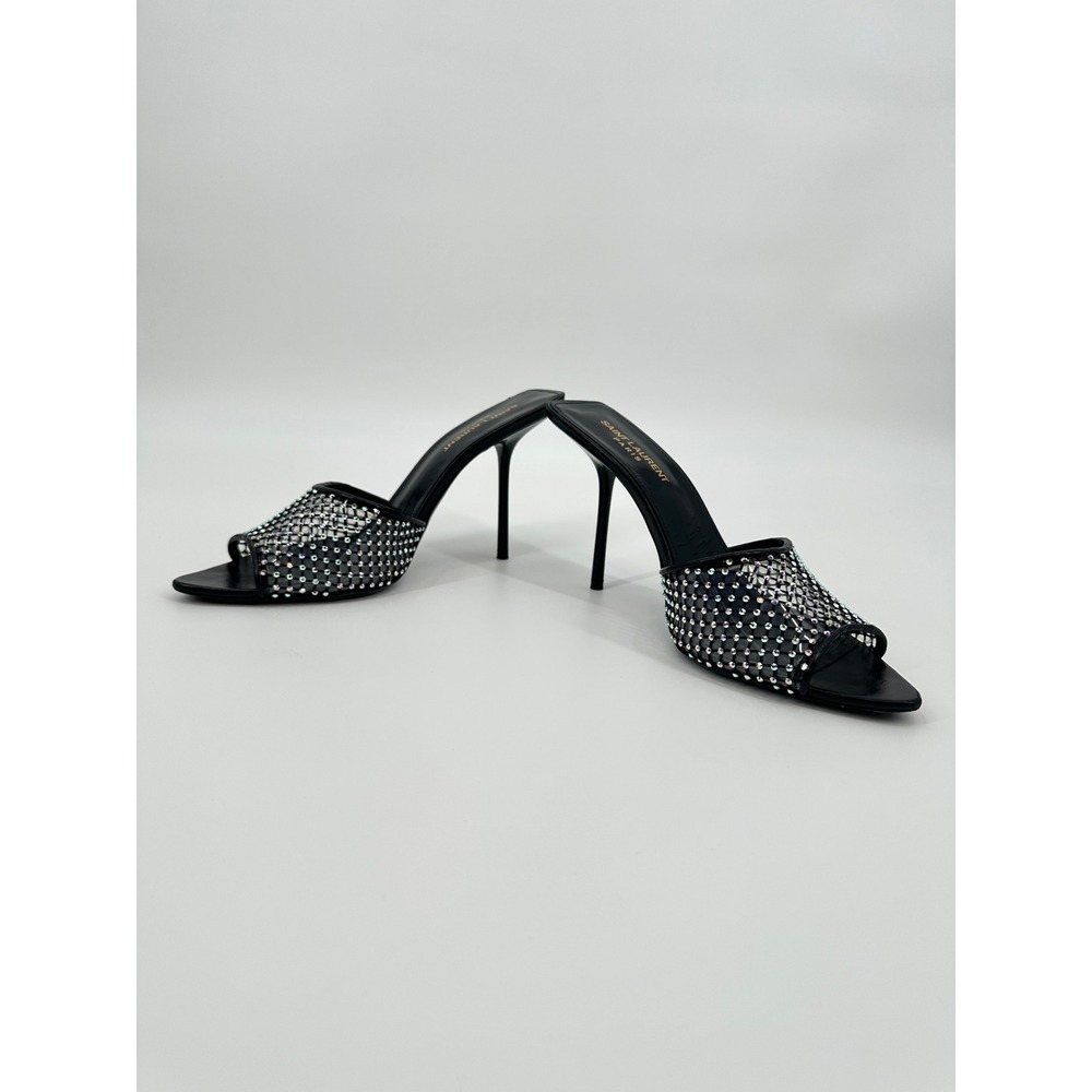 Saint Laurent Paris Luz Black Mesh Crystal Embellished Stiletto Mules Heels 39 - Picture 4 of 11